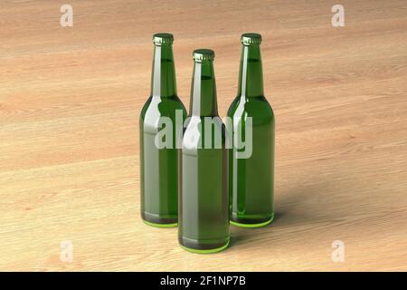 Three beer bottles 500ml mock up on wooden background. Side view Stock Photo