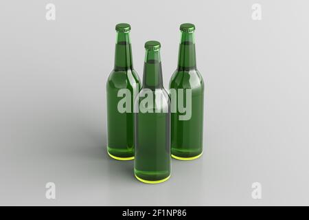 Three beer bottles 500ml mock up on white background. Side view Stock Photo