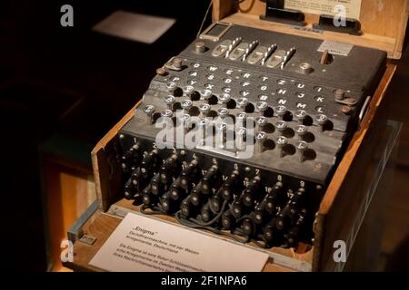 Hamburg-Germany - 12.7.2019; At the Marine Museum at the city center. Enigma Machine. Legendary encryption device of world war 2. Stock Photo