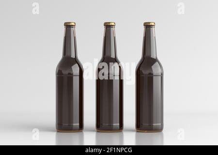 Three beer bottles 500ml mock up on white background. Front view Stock Photo