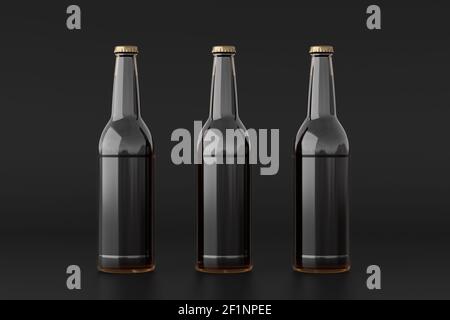 Three beer bottles 500ml mock up on black background. Front view Stock Photo
