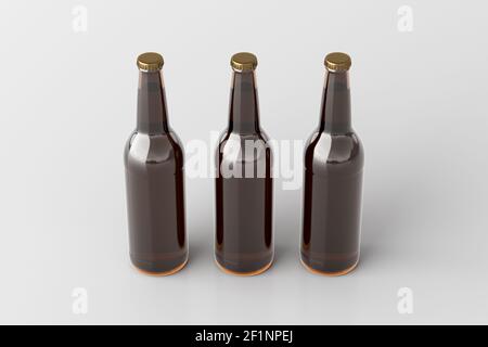 Three beer bottles 500ml mock up on white background. Side view Stock Photo