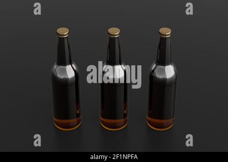 Three beer bottles 500ml mock up on black background. Side view Stock Photo