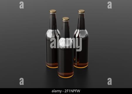 Three beer bottles 500ml mock up on black background. Side view Stock Photo