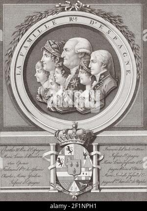 Carlos IV, King of Spain, with his wife Maria Luisa of Parma and their five children.  Carlos IV, 1748 - 1819.  Maria Luisa of Parma, 1751 - 1819.  From an early 19th century engraving by Antoine Cardon after a work by Richard Cosway. Stock Photo