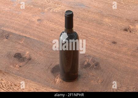 Red wine bottle 750ml mock up on wooden background. Side view Stock Photo