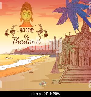 Colorful hand drawn thai beach background with palms temple and decorative head icon with title text vector illustration Stock Vector
