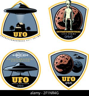 Vintage colored UFO emblems set with extraterrestrial life forms alien spaceships and unknown planets isolated vector illustration Stock Vector