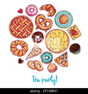 Sketch bakery round with isolated icon set on pie sweet and dessert themes combined in round vector illustration Stock Vector