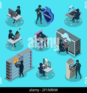 Isometric hacking activity elements set with hackers stealing money information infected computer by viruses trojans isolated vector illustration Stock Vector