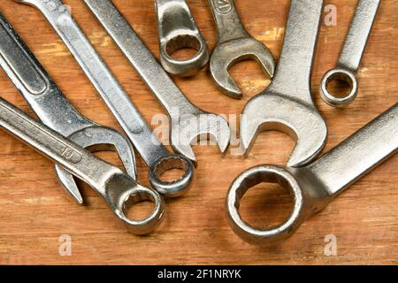 renovation of assorted tools in grunge wood used by worker Stock Photo