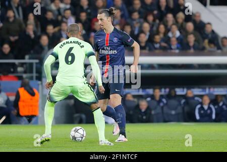 Zlatan Ibrahimovic (psg), Fernando Francisco Reges (Manchester City FC) during the UEFA Champions League quarter final football match, 1st leg, between Paris Saint Germain and Manchester City on April 6, 2016 at Parc des Princes stadium in Paris, France - Photo Stephane Allaman / DPPI Stock Photo