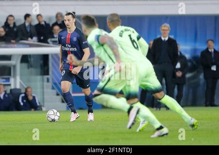 Zlatan Ibrahimovic (psg), Fernando Francisco Reges (Manchester City FC), Nicolas Otamendi (Manchester City FC), Laurent Blanc (psg) during the UEFA Champions League quarter final football match, 1st leg, between Paris Saint Germain and Manchester City on April 6, 2016 at Parc des Princes stadium in Paris, France - Photo Stephane Allaman / DPPI Stock Photo