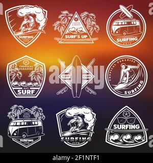 Vintage white surfing labels set with surfers surfboards palms bus water waves sunglasses on blurred background isolated vector illustration Stock Vector
