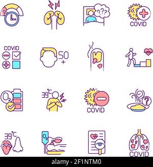 Post-covid syndrome RGB color icons set Stock Vector