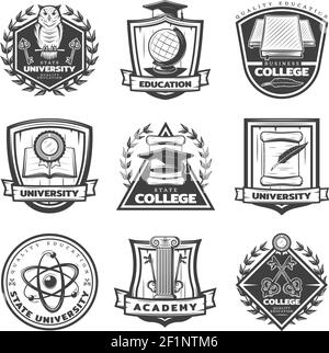 Vintage monochrome educational labels set with university college and academy elements isolated vector illustration Stock Vector