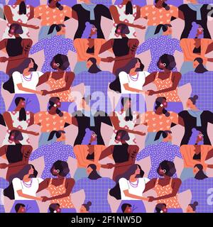 Women seamless pattern design. Diverse woman crowd holding hands, hugging together for friendship and solidarity. Feminist rights campaign background. Stock Vector