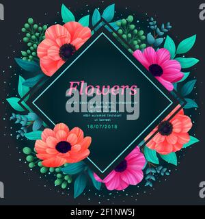 Floral frame. Tropical flowers trendy template. Design with beautiful neon flowers and palm leaves with copy space on dark background. Vector digital Stock Vector