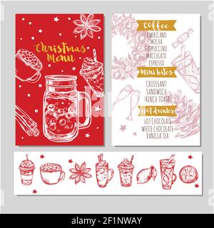 Winter drinks menu in red color with coffee mini bites hot drinks headlines vector illustration Stock Vector