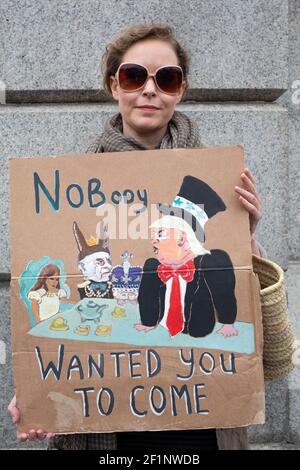 Lorna Crabbe from Hastings pictured in Trafalgar Square, London, where protests are taking place on the second day of the state visit to the UK by US President Donald Trump. Lorna says,' I want Trump to know he is not welcomed.' Photo credit should read: Katie Collins/EMPICS/Alamy Stock Photo