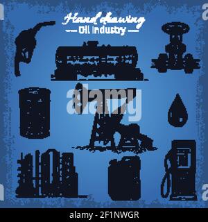 Isolated hand drawn oil industry icon set with oilcan cistern fuel column elements on blue background vector illustration Stock Vector