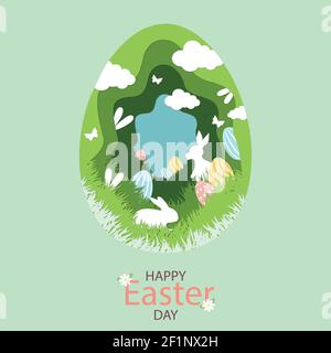 Paper-cut large Easter egg with holiday elements - Vector illustration Stock Vector