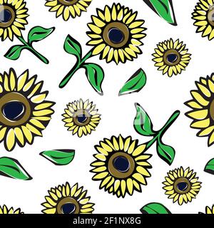 Seamless vector pattern with sunflowers on white background. Abstract summer flower design. Stock Vector