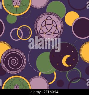 Seamless vector pattern with moon witch talisman on purple background. Spiritual magic wallpaper design. Wicca protection fashion textile. Stock Vector