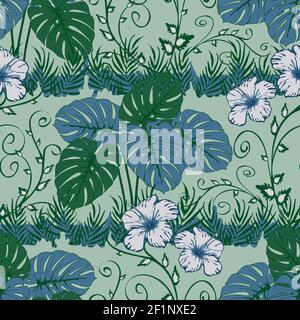 Seamless vector pattern with blue tropical plants on light green background. Romantic jungle wallpaper design. Modern paradise fashion textile. Stock Vector