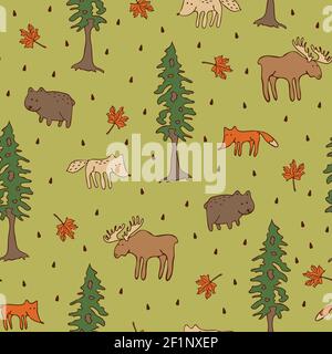 Seamless vector pattern with forest animals on green background. Cute hand drawn woodland wallpaper design with trees, fox and bear. Stock Vector