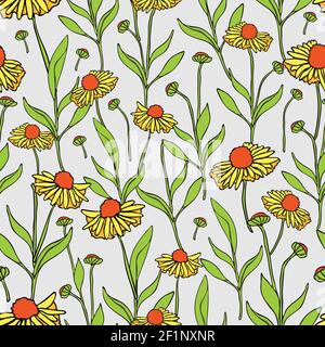 Seamless vector pattern with yellow flowers on blue background. Vintage floral wallpaper design with marigolds. Daisy fashion textile. Stock Vector