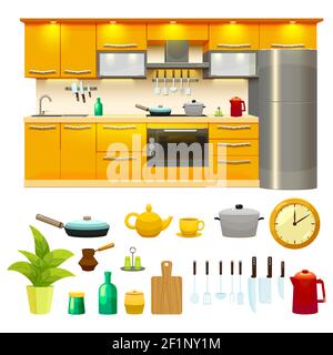 Kitchen design with interior composition and cooking outfit cartoon style isolated icons set on blank background vector illustration Stock Vector