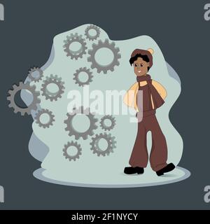 Cartoon mechanic boy with gears on background. Stock Vector