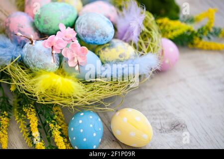 Happy Easter. Congratulatory easter background. Background with copy space. Selective focus. horizontal. Stock Photo