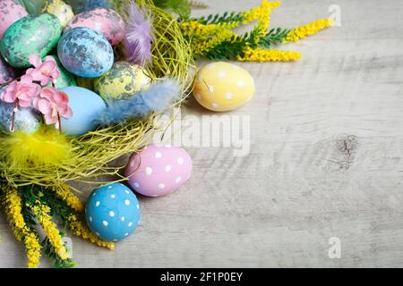Happy Easter. Congratulatory easter background. Background with copy space. Selective focus. Horizontal. Stock Photo