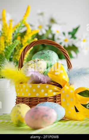 Happy Easter. Congratulatory easter background. Background with copy space. Selective focus. Stock Photo