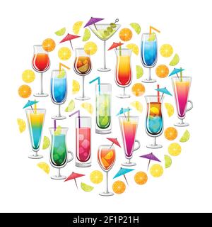 Classic alcohol cocktails round design with mojito grasshopper martini blue havaii and slices of fruits vector illustration Stock Vector