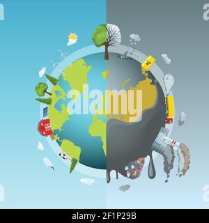 Circle ecology composition with cartoon style drawn earth globe divided into two halves clean and polluted vector illustration Stock Vector