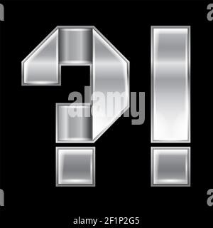 New font folded from a silver metallic ribbon. Trendy alphabet, gray vector Exclamation mark and Question mark on a black background, 10eps Stock Vector