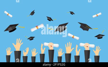 Graduating students of pupil hands throwing graduation caps in the air ...