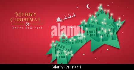Merry Christmas Happy New Year banner illustration of winter city 3D papercut in shooting star shape. Realistic carved paper craft cutout with festive Stock Vector