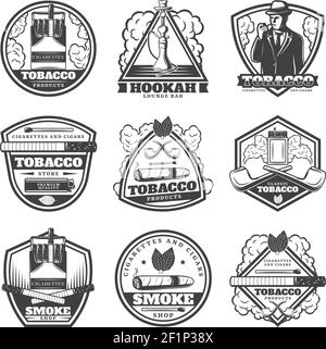 Vintage monochrome smoking labels set with man cigarettes hookah pipes matches lighter cigar tobacco leaves isolated vector illustration Stock Vector