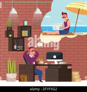 Colorful conceptual composition with hipster employee in office interior dreaming to work freelance in thought bubble vector illustration Stock Vector