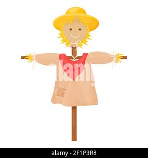 Scarecrow smiling in cartoon style with straw, funny hat isolated on white background. Garden, rural decoration. Srasonal fa element. . Vector illustr Stock Vector
