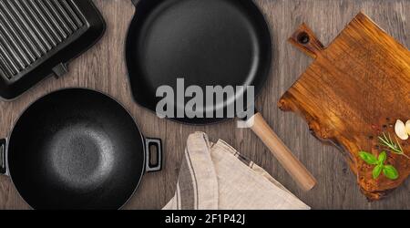 Empty cast iron frying pan. Stock Photo