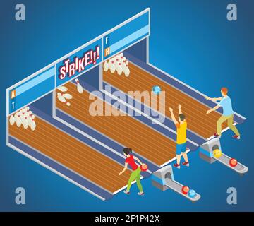 Isometric bowling game concept with players throwing balls into pins on different lanes vector illustration Stock Vector