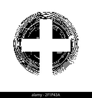 Christian cross with abstract dotted sun rays. Christian cross icon. Black religion symbol. Vector illustration. Abstract religion icon. Stock Vector