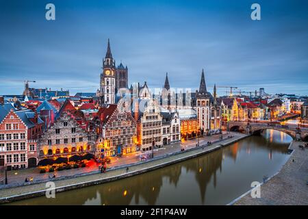 Ghent, Belgium old town cityscape from the Graslei area at dusk. Stock Photo