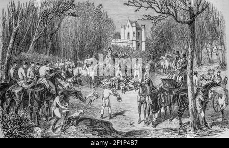 une chasse au cerf dans la foret de chantilly, l'univers illustre,editeur michele levy 1869 Stock Photo
