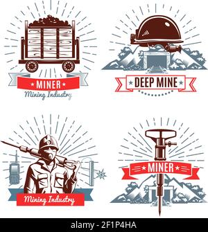 Mining emblems with mountain worker and tools trolley with coal and design elements isolated vector illustration Stock Vector